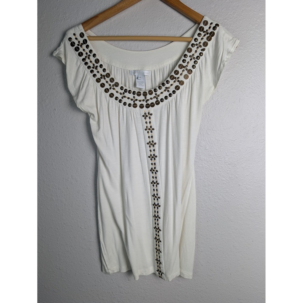 Design History Tunic Blouse Womens S White Studded Scoop Neck Jersey Lightweight